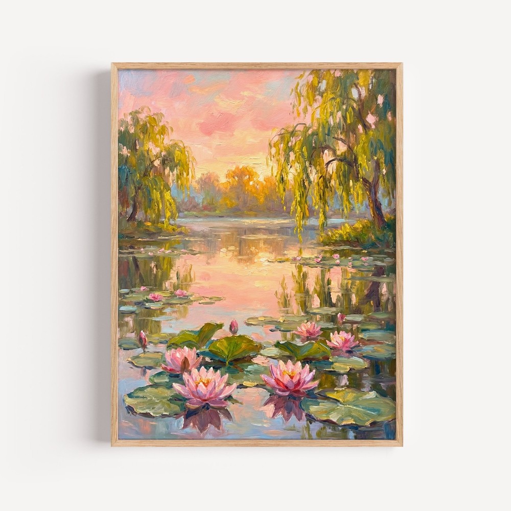 Monet Style Water Lilies Painting, Impressionist Sunset Pond Art, Dreamy Floral