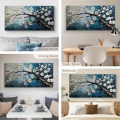 crmotu Plum Blossom Wall Art, Japanese Flower Canvas Large Artwork, Teal Blue…