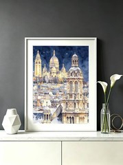 Set of 2 Paris Sacre Coeur Montmartre Louvre Museum Watercolor Art Print 12X16″