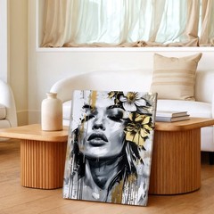 Wall Art Abstract Woman Face Floral Canvas Print Black White Gold Modern Decor