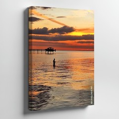 Sunset Beach Landscape Canvas Wall Art Fisherman Pier Water Reflection Home