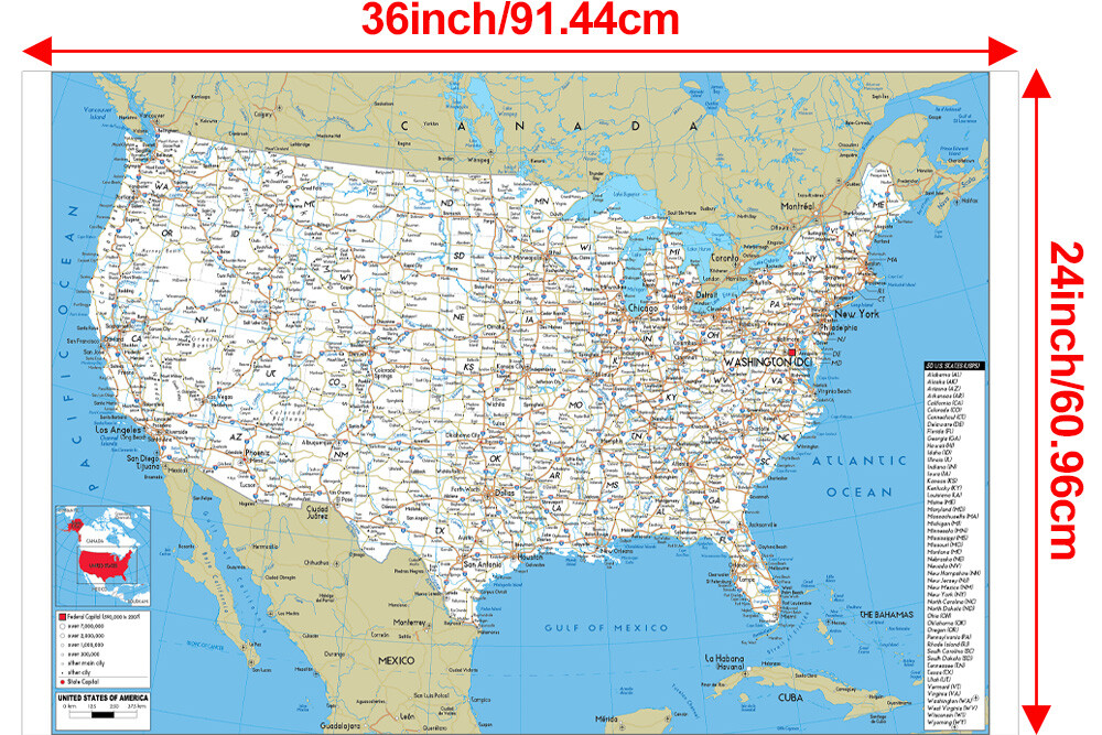 United States Map US USA Road Poster Wall Mural Travel Educational Atlas Chart