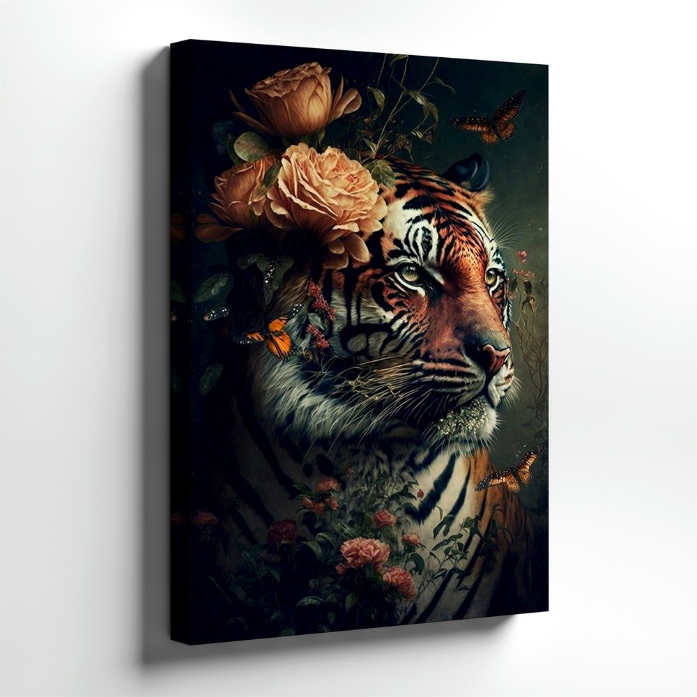Wall Art Tiger Portrait with Flowers Butterflies Dark Botanical Wildlife Print