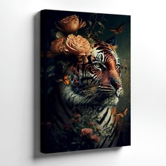 Wall Art Tiger Portrait with Flowers Butterflies Dark Botanical Wildlife Print