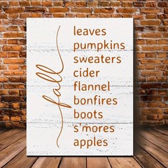 Fall Season Elements Orange Script White Wood Canvas, Autumn Home Wall Decor