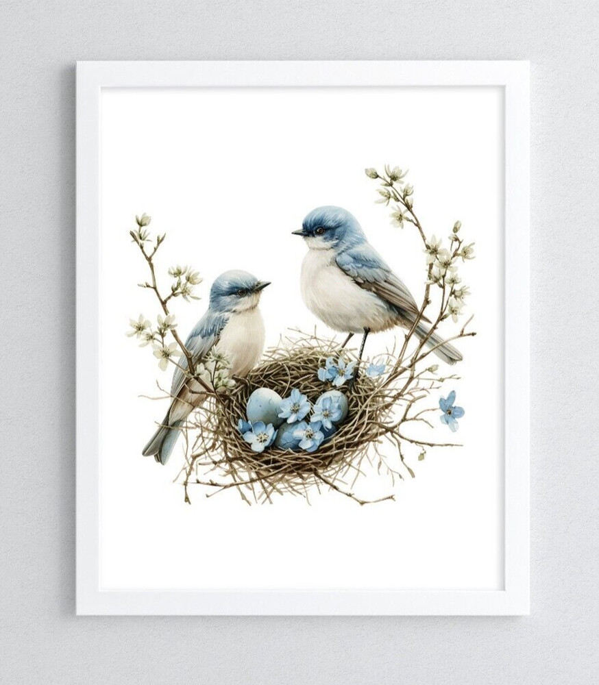 Blue Birds Wall Art Print, Birds and a Nest Art Print, Wall Art Decor Home Decor