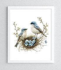 Blue Birds Wall Art Print, Birds and a Nest Art Print, Wall Art Decor Home Decor