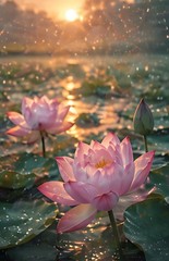 Pink Lotus Flowers at Sunrise Canvas Wall Art – Serene Nature Decor, Custom