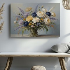 Yellow White Blue Floral Bouquet Canvas Wall Art Flower Print Painting Art Print
