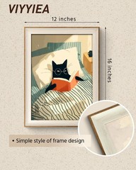 Framed Black Cat Reading Wall Art, Whimsical Cozy Canvas Painting for Bedroom…