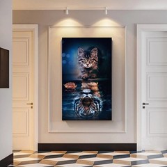 Canvas Painting Cute Cat Reflection Tiger In Water Wall Picture Poster Print Art