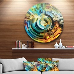 Abstract Round Metal Wall Art – Modern Blue & Yellow Geometric Paths Design – Gl