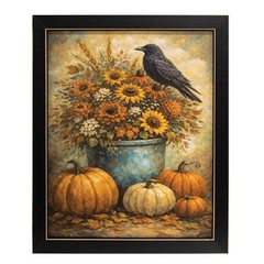 NEW PRIMITIVE FALL HARVEST PUMPKINS CROW FLOWERS PRINT 9″Wx11″H Framed Farmhouse