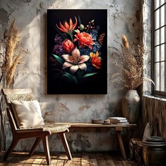 Wall Art Floral Bouquet Print Dark Background Orange Lily Peony Blue Flowers