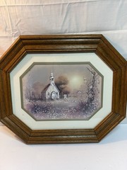 Vintage HOMCO Country Church Print Octagonal Wood Frame Farmhouse Wall Decor