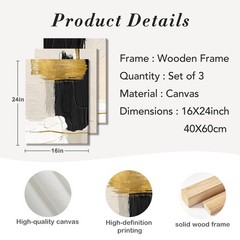 3 Pcs Black White and Gold Abstract Wall Art Modern Textured Framed Canvas Pr…