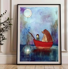 Canvas Wall Art NIGHT FISHING Whimsical 12 X 16 Unframed 962