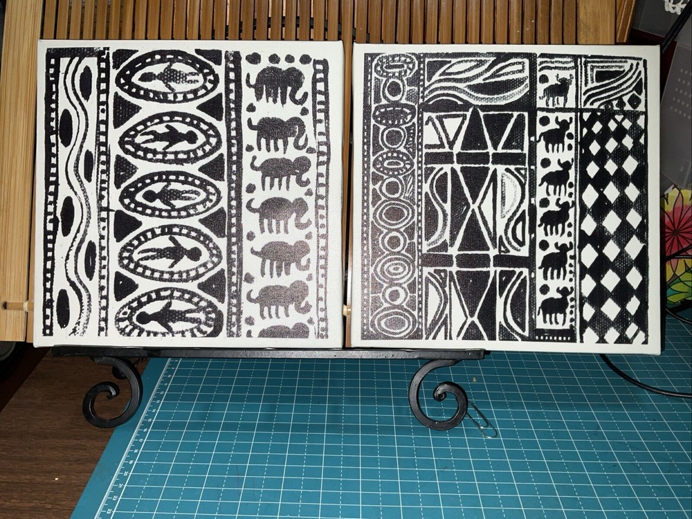 Tribal Elephant Art And Water buffalo Prints On Canvas Wall Hangings. Set Of 2