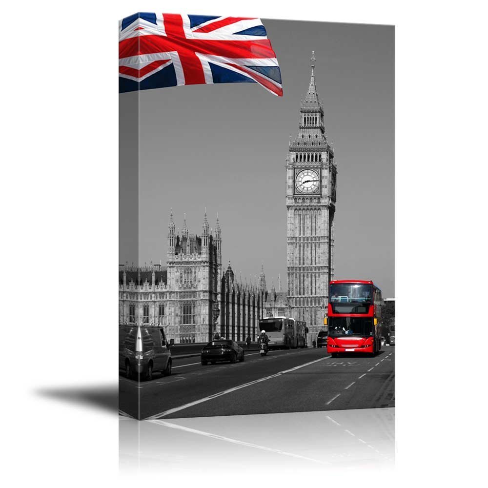 British Flag and the Red Bus in London- Canvas Art Home Decor – 12×18 inches