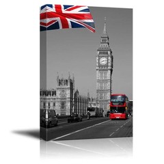 British Flag and the Red Bus in London- Canvas Art Home Decor – 12×18 inches