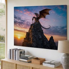 Majestic Dragon Stands On A Rocky Cliff, Silhouetted Against A Vibrant Wall Art