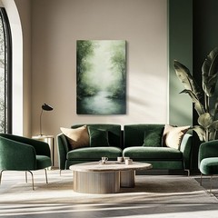 Misty Forest River Abstract Green Painting Print on Framed Canvas Wall Art Decor