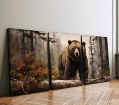 3Pcs Framed Grizzly Brown Bear in Misty Forest Canvas Wall Art Wildlife Print…