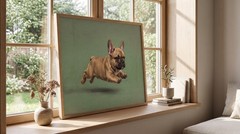 French Bulldog Puppy Poster Running Dog Oil Painting Vintage Green Wall Art