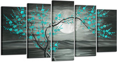 Teal Grey Plum Blossom Tree Canvas Art Set – 5 Piece Wall Decor, 60″x32