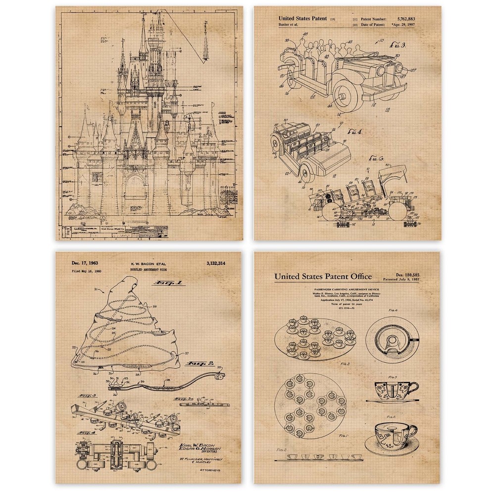 Classic Theme Park Ride Patent Prints, 4 8×10 Art Decor Home Work Disney Office