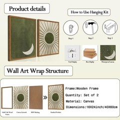 Mid Century Modern Boho Sun and Moon Canvas Prints – Wall Decor Set of 2