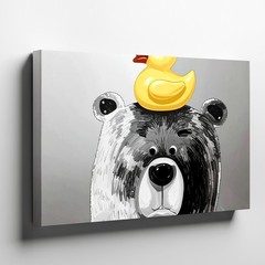 Wall Art Canvas a Black and White Illustration of a Bear with a Rubber Duck