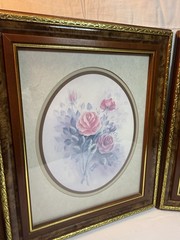 Vintage Pair Pink Rose Floral Prints Faux Burlwood Gold Tone Frames 17×14