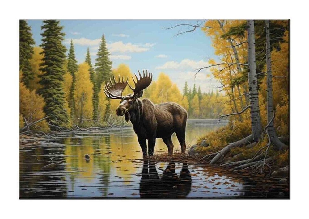 Majestic Moose by the Forest River-Printed On Canvas-Fun Gift- Home Wall Decor