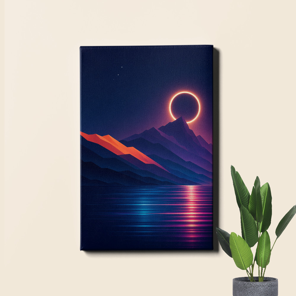 Neon Annular Eclipse over Mountain Lake Poster Print Night Landscape Scene
