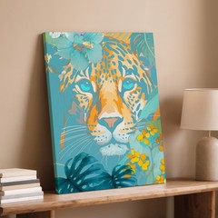 Tropical Jungle Leopard Canvas Wall Art Blue Orange Floral Exotic Animal Print