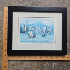 VTG Tik Ling Victoria Harbour Hong Kong Hand-Signed Artist Print 8×10 Framed Blu
