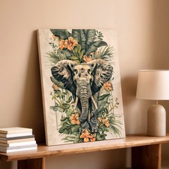 Wall Art Elephant Tropical Leaves Flowers Botanical Wildlife Canvas Print Decor