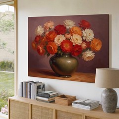 Colorful Vintage Floral Canvas Wall Art Vase with Red Orange White Flowers Print