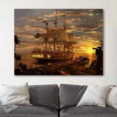 Pirate Ship Setting Sail Into The Sunset Ocean Ships Canvas Print Wall Art