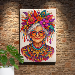 Retro whimsical old lady portrait canvas wall art print, modern illustration