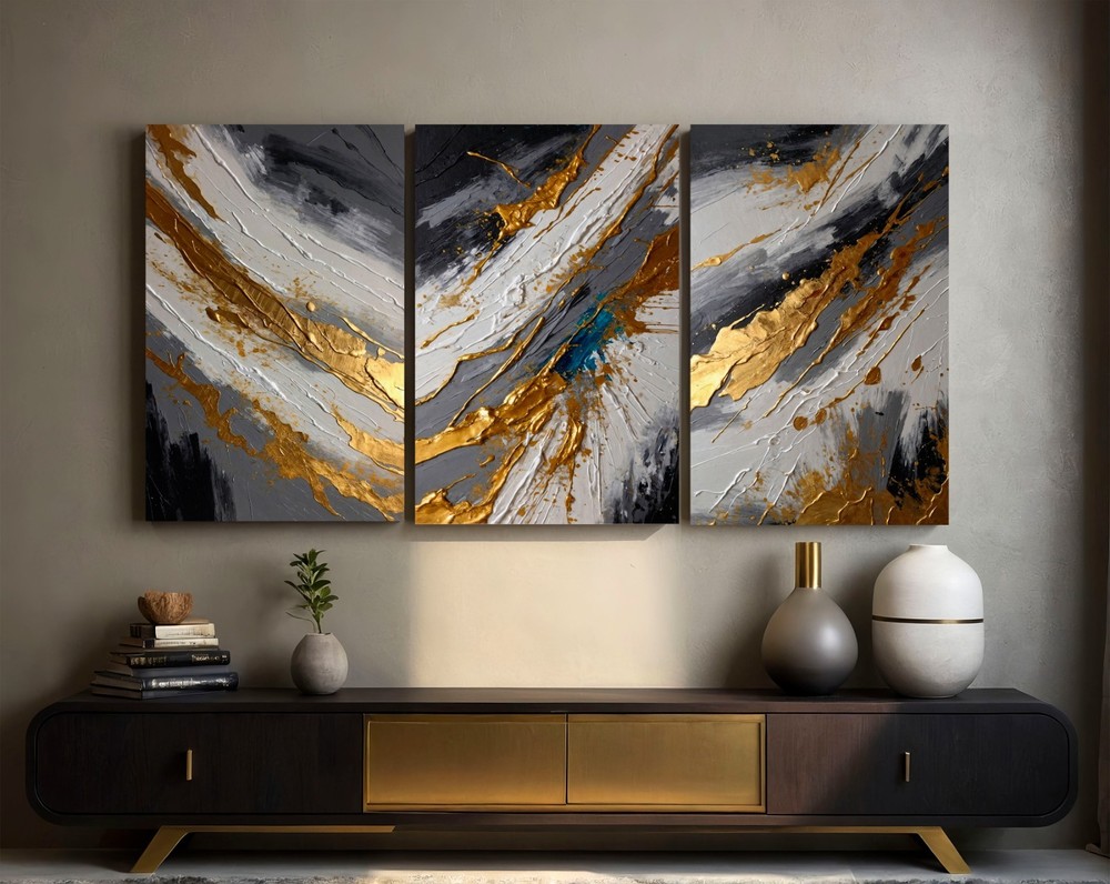 Grey and Gold Abstract Large 3-Panel Canvas Print, Home Decor Neutral Wall Art