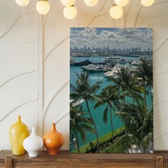 Miami Skyline And Marina Canvas Wall Art With Tropical Palm Trees Print Home