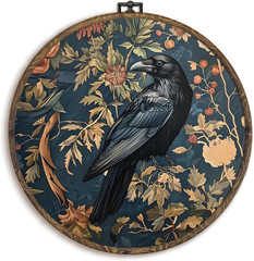 Vintage Raven Crow Round Wall Art Framed, Raven Botanical Wall Art, Cottagecore