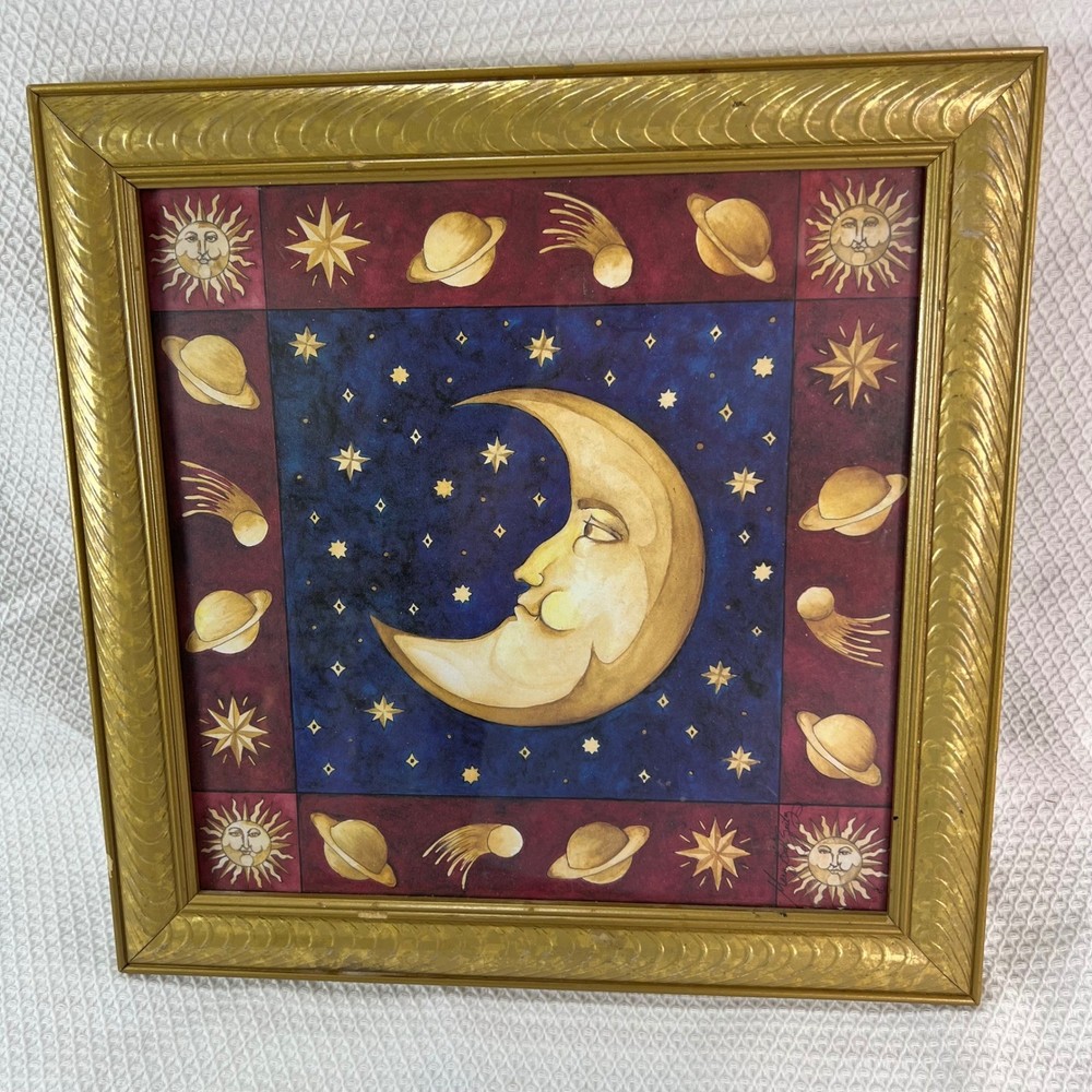 VTG 90s Celestial Moon And Stars Mary Beth Zeitz Framed 14.5 X 14.5 Large Rare!