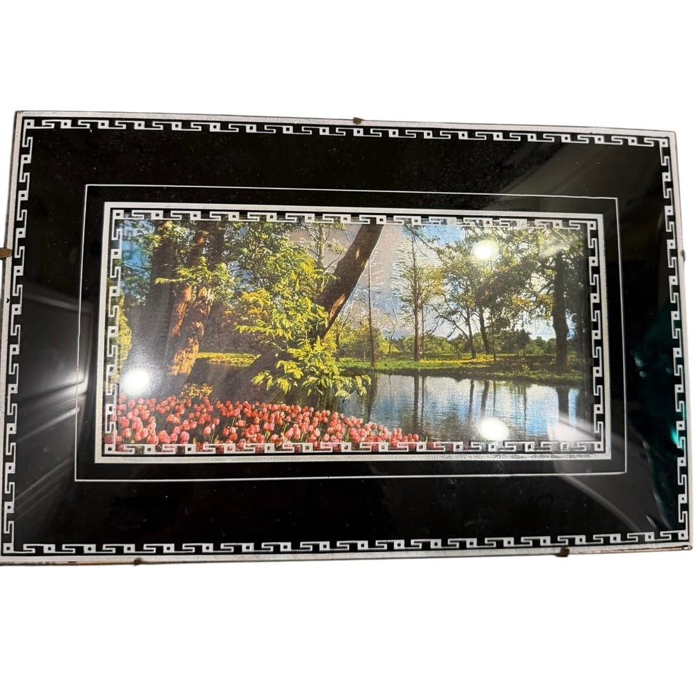 Vtg 40s Landscape Picture Art Print Tulips Lake Trees Black Frame Greek Border