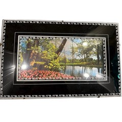 Vtg 40s Landscape Picture Art Print Tulips Lake Trees Black Frame Greek Border