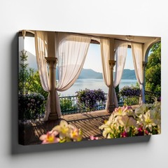Serene, Sunlit Balcony Scene Framed By Elegant Arches, Where Sheer Wall Art