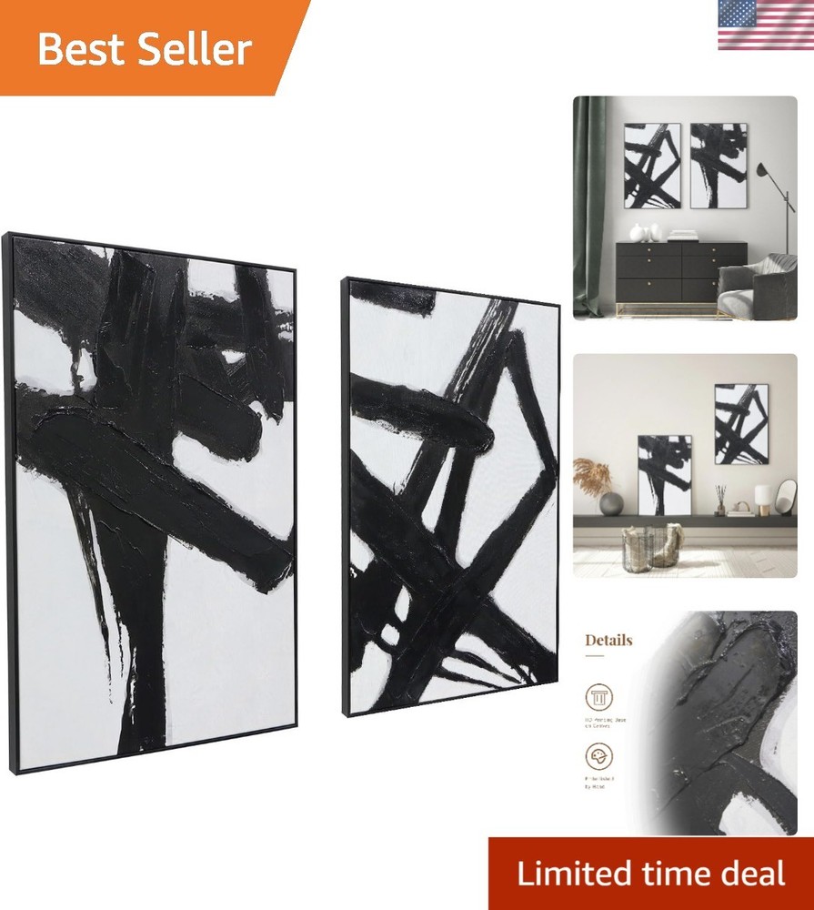 Chic 2-Piece Framed Black & White Abstract Paintings – Ideal for Living Spaces