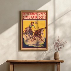 Vintage Rodeo Poster State Fair Steer Wrestling Art Western Cowboy Wall Decor